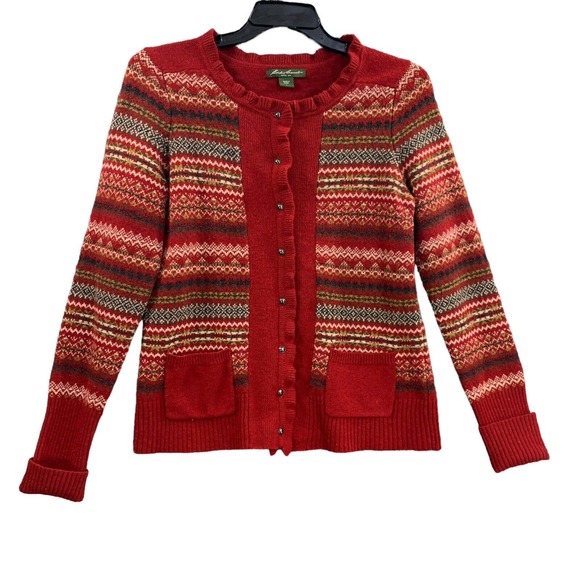Eddie Bauer Sweaters - Eddie Bauer Lambs wool Fair Isle Cardigan Sweater L Red Button Grandma Nordic